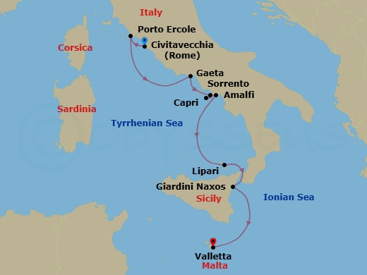 9 Night - Amalfi Coast, Sicily & Malta - Emerald Sakara - Starting in Rome (Civitavecchia), Italy, Porto Ercole, Italy, Gaeta, Italy, Sorrento / Capri, Italy, Capri / Amalfi, Italy, Amalfi, Italy, Lipari, Italy, Giardini Naxos (Taormina), Sicily, Italy, Valletta, Malta itinerary map