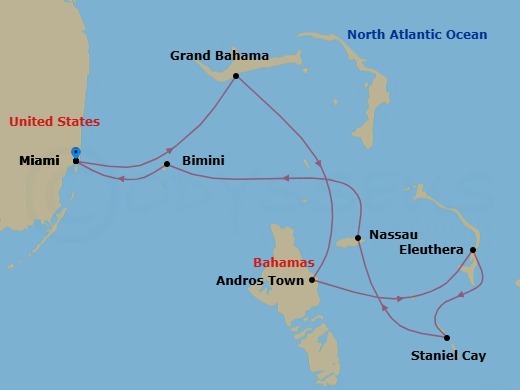 7 Night - Jewels of the Bahamas - Emerald Kaia - Starting in Miami, Florida, Taino Beach, Grand Bahama, The Bahamas, Andros Island, The Bahamas, Eleuthera, The Bahamas, Staniel Cay, Exumas, The Bahamas, Nassau, Bahamas, Bimini, the Bahamas, Miami, Florida itinerary map