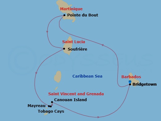 5 Night - Caribbean Elegance : Barbados St Lucia & the Grenadines - Emerald Azzurra - Starting in Bridgetown, Barbados, Pointe du Bout (Les Trois-Ilets), Martinique, Soufriere, Saint Lucia, Mayreau Island / Tobago Cays, Saint Vincent and the Grenadines, Canouan Island, Saint Vincent, The Grenadines, Bridgetown, Barbados itinerary map