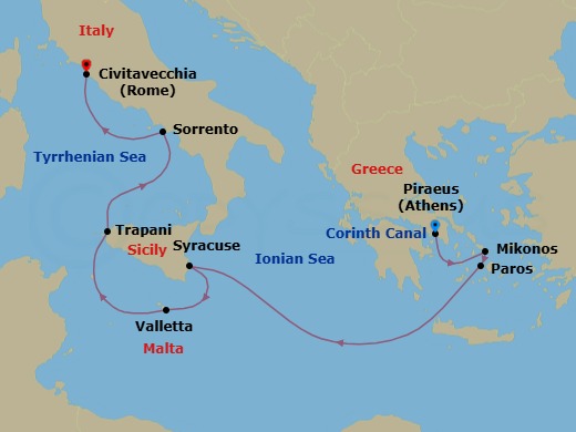 10 Night - Enchanting Greece & the Amalfi Coast - Emerald Sakara - Starting in Athens (Piraeus), Greece, Mykonos / Paros, Greece, Paros, Greece, Transit the Corinth Canal / Itea, Greece, Syracuse IT, Sicily, Italy, Valletta, Malta, Trapani, Sicily, Italy, Sorrento, Italy, Rome (Civitavecchia), Italy itinerary map