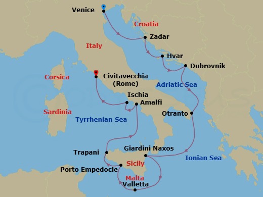 11 Night - The Adriatic to Amalfi : Croatia, Malta & Italy - Emerald Kaia - Starting in Venice, Italy, Zadar, Croatia, Hvar, Croatia, Dubrovnik, Croatia, Otranto, Italy, Giardini Naxos (Taormina), Italy, Valletta, Malta, Porto Empedocle, Italy, Trapani, Italy, Amalfi, Italy, Casamicciola Terme, Ischia, Italy, Civitavecchia (Rome), Italy itinerary map
