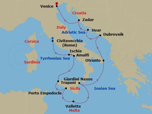 11 Night - Amalfi to the Adriatic : Italy, Malta & Croatia - Emerald Sakara - Starting in Civitavecchia (Rome), Italy, Casamicciola Terme, Ischia, Italy, Amalfi, Italy, Trapani, Italy, Porto Empedocle, Italy, Valletta, Malta, Giardini Naxos (Taormina), Italy, Otranto, Italy, Dubrovnik, Croatia, Hvar, Croatia, Zadar, Croatia, Venice, Italy itinerary map