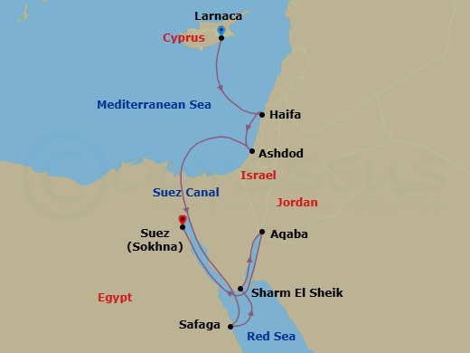 10 Night - Cyprus to Egypt via the Suez Canal - Emerald Raiya - Starting in Larnaca, Cyprus, Haifa, Israel, Ashdod, Israel, Transit through the Suez Canal, Safaga, Egypt, Sharm El-Sheikh, Egypt, Aqaba, Jordan, Ain Sokhna, Egypt itinerary map