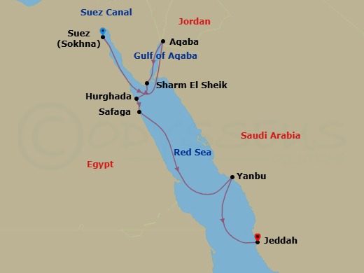 10 Night - From Egypt to Saudi Arabia - Emerald Raiya - Starting in Ain Sokhna, Egypt, Aqaba, Jordan, Sharm El-Sheikh, Egypt, Hurghada, Egypt, Safaga, Egypt, Yanbu, Saudi Arabia, Jeddah, Saudi Arabia itinerary map