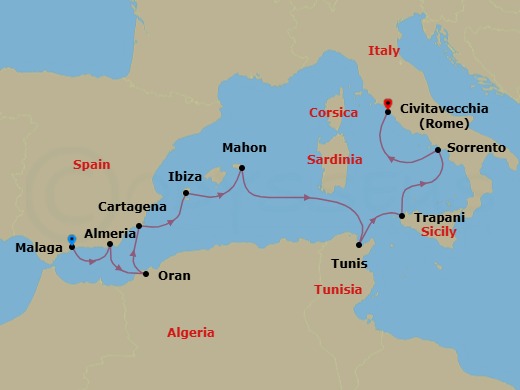 10 Night - Mediterranean Moments : Spain to Italy - Emerald Azzurra - Starting in Malaga, Spain, Almeria, Spain, Oran, Algeria, Cartagena ES, Ibiza, Spain, Mahon, Menorca, Spain, Tunis, Tunisia, Trapani, Sicily, Italy, Sorrento, Italy, Rome (Civitavecchia), Italy itinerary map