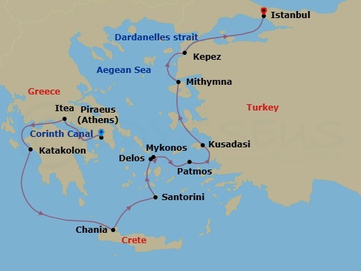 10 Night - Aegean Odyssey : Athens to Istanbul - Emerald Raiya - Starting in Athens (Piraeus), Greece, Transit the Corinth Canal / Itea, Greece, Katakolon, Greece, Chania, Crete, Greece, Santorini, Greece, Delos, Greece / Mykonos, Greece, Patmos, Greece, Kusadasi, Turkey, Molyvos, Lesbos Island, Greece, Kepez / Cruising through the Dardanelles, Turkey, Istanbul, Turkey itinerary map