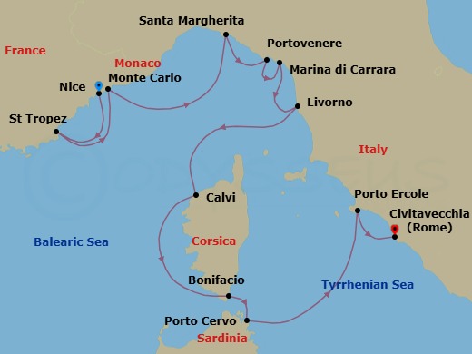 11 Night - Golden Coasts of France and Italy - Emerald Sakara - Starting in Nice, France, Saint-Tropez, France, Monte Carlo, Monaco, Santa Margherita Ligure, Italy / Portofino, Italy, Porto Venere (Cinque Terre), Italy, Marina di Carrara, Italy, Livorno (Florence), Italy, Calvi, Corsica, France, Bonifacio, Corsica, France, Porto Cervo, Sardinia, Italy, Porto Ercole, Italy, Rome (Civitavecchia), Italy itinerary map