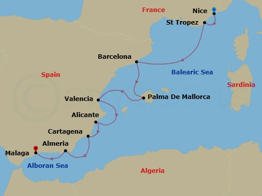 9 Night - Cote D'azur to Andalusia - Emerald Kaia - Starting in Nice, France, Saint-Tropez, France, Barcelona, Spain, Palma De Mallorca, Spain, Valencia, Spain, Alicante, Spain, Cartagena ES, Almeria, Spain, Malaga, Spain itinerary map