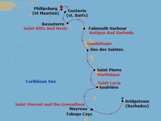 9 Night - Classic Caribbean - Emerald Sakara - Starting in Bridgetown, Barbados, Tobago Cays, Saint Vincent and the Grenadines, Mayreau Island / Tobago Cays, Saint Vincent and the Grenadines, Soufriere, Saint Lucia, Saint-Pierre, Martinique, Iles des Saintes, Guadeloupe, Falmouth Harbour, Antigua and Barbuda, Basseterre, Saint Kitts and Nevis, Gustavia, Saint Barthelemy, Philipsburg, Sint Maarten itinerary map