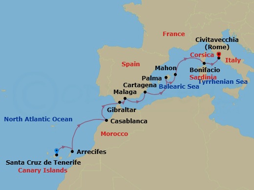 10 Night - Highlights of Spain, Morocco & Italy - Emerald Kaia - Starting in Santa Cruz de Tenerife, Arrecife, Lanzarote, Spain, Casablanca, Morocco, Gibraltar, British Overseas Territory, Malaga, Spain, Cartagena ES, Palma, Mallorca, Spain, Mahon, Menorca, Spain, Bonifacio, Corsica, France, Civitavecchia (Rome), Italy itinerary map