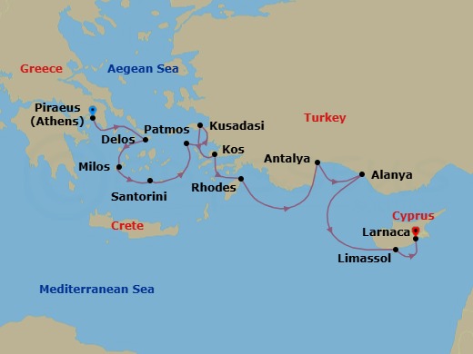 12 Night - The Histories of the Mediterranean - Emerald Raiya - Starting in Athens (Piraeus), Greece, Delos, Greece / Mykonos, Greece, Milos, Greece, Santorini, Greece, Patmos, Greece, Kusadasi, Turkey, Kos, Greece, Rhodes, Greece, Antalya, Turkey, Alanya, Turkey, Limassol, Cyprus, Larnaca, Cyprus itinerary map