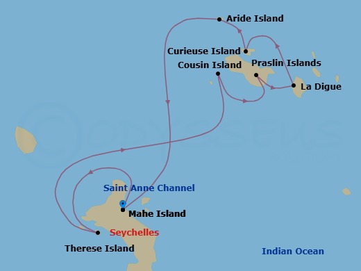 9 Night - Seychelles Island Hopping - Emerald Raiya - Starting in Mahe Island, Mahe Island / Sainte Anne Island, Therese Island, Cousin Island / Praslin Island, Praslin Island / La Digue Island, La Digue Island / Curieuse Island, Curieuse Island, Aride Island, Mahe Island itinerary map