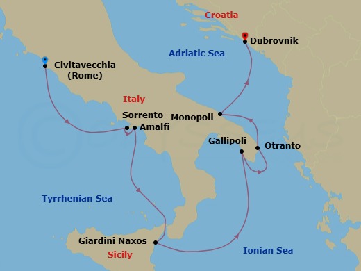 7 Night - Highlights of Southern Italy - Emerald Kaia - Starting in Rome (Civitavecchia), Italy, Sorrento, Italy, Amalfi, Italy, Giardini Naxos (Taormina), Sicily, Italy, Gallipoli, Italy, Otranto, Italy, Monopoli, Italy, Dubrovnik, Croatia itinerary map
