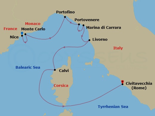 7 Night - French & Italian Rivieras with Corsica - Emerald Kaia - Starting in Nice, France, Monte Carlo, Monaco, Santa Margherita Ligure / Portofino, Italy, Porto Venere (Cinque Terre), Italy, Marina di Carrara, Italy, Livorno (Florence), Italy, Calvi, Corsica, France, Rome (Civitavecchia), Italy itinerary map
