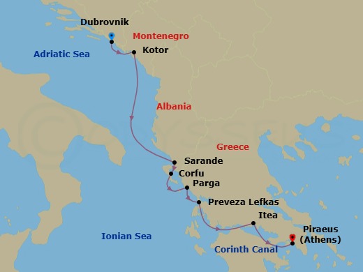7 Night - Mediterranean Enchantment - Emerald Kaia - Starting in Dubrovnik, Croatia, Kotor, Montenegro, Sarande, Albania / Corfu, Greece, Corfu, Greece, Parga, Greece, Lefkada, Greece, Itea, Greece / Transit through the Corinth Canal, Athens (Piraeus), Greece itinerary map