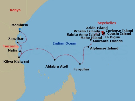 19 Night - Discover Seychelles, Tanzania and Kenya - Emerald Raiya - Starting in Mombasa, Kenya, Zanzibar, Tanzania, Mafia Island, Tanzania, Kilwa Kisiwani, Tanzania, Aldabra Atoll, Seychelles, Farquhar Atoll, Seychelles, Alphonse Atoll, Seychelles, Amirante Islands, Seychelles, Praslin Island / La Digue, Seychelles, Mahe Island, Sainte Anne Island / Cousin Island / Praslin Island, Praslin Island, La Digue Island / Curieuse Island, Curieuse Island, Aride Island, Mahe Island itinerary map