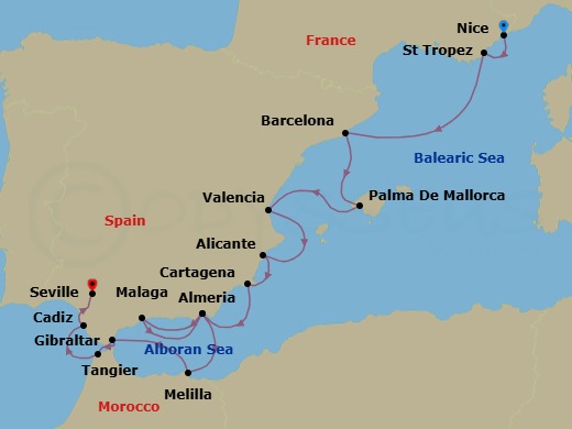 16 Night - Discover Mediterranean Jewels : Nice to Seville - Emerald Kaia - Starting in Nice, France, Saint-Tropez, France, Barcelona, Spain, Palma De Mallorca, Spain, Valencia, Spain, Alicante, Spain, Cartagena ES, Almeria, Spain, Malaga, Spain, Almeria, Spain, Melilla, Spain, Gibraltar, British Overseas Territory, Tangier, Morocco, Cadiz, Spain, Seville, Spain itinerary map