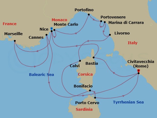 14 Night - Discover the Glamour of the Rivieras - Emerald Sakara - Starting in Nice, France, Marseille, France, Cannes, France, Bonifacio, Corsica, France, Porto Cervo, Sardinia, Italy, Rome (Civitavecchia), Italy, Bastia, Corsica, France, Nice, France, Monte Carlo, Monaco, Santa Margherita Ligure / Portofino, Italy, Porto Venere (Cinque Terre), Italy, Marina di Carrara, Italy, Livorno (Florence), Italy, Calvi, Corsica, France, Rome (Civitavecchia), Italy itinerary map