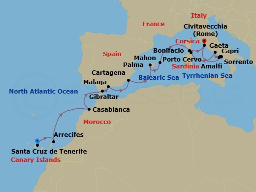 17 Night - Discover Timeless Horizons : Tenerife to Italy - Emerald Kaia - Starting in Santa Cruz de Tenerife, Arrecife, Lanzarote, Spain, Casablanca, Morocco, Gibraltar, British Overseas Territory, Malaga, Spain, Cartagena ES, Palma, Mallorca, Spain, Mahon, Menorca, Spain, Bonifacio, Corsica, France, Rome (Civitavecchia), Italy, Amalfi, Italy / Capri, Italy, Capri, Italy / Sorrento, Italy, Sorrento, Italy, Gaeta, Italy, Porto Cervo, Sardinia, Italy, Bonifacio, Corsica, France, Rome (Civitavecchia), Italy itinerary map