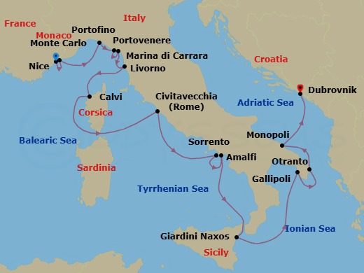 14 Night - Discover French & Italian Coastlines - Emerald Kaia - Starting in Nice, France, Monte Carlo, Monaco, Santa Margherita Ligure / Portofino, Italy, Porto Venere (Cinque Terre), Italy, Marina di Carrara, Italy, Livorno (Florence), Italy, Calvi, Corsica, France, Rome (Civitavecchia), Italy, Sorrento, Italy, Amalfi, Italy, Giardini Naxos (Taormina), Sicily, Italy, Gallipoli, Italy, Otranto, Italy, Monopoli, Italy, Dubrovnik, Croatia itinerary map