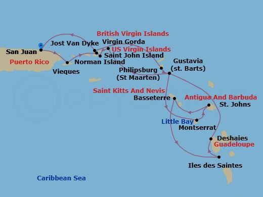 14 Night - Discover the Yachting Islands of the Caribbean - Emerald Kaia - Starting in San Juan, Puerto Rico, Vieques Island, Puerto Rico, St John VI, US Virgin Islands / Jost Van Dyke, British Virgin Islands, Jost van Dyke, British Virgin Islands, Philipsburg, Sint Maarten / Gustavia, Saint Barthelemy, Gustavia, Saint Barthelemy, Little Bay, Montserrat / St Johns AG, Antigua, St Johns AG, Antigua, Basseterre, St Kitts and Nevis, Iles des Saintes, Guadeloupe, Deshaies, Guadeloupe, Gustavia, Saint Barthelemy, Virgin Gorda, British Virgin Islands, Norman Island, British Virgin Islands, San Juan, Puerto Rico itinerary map