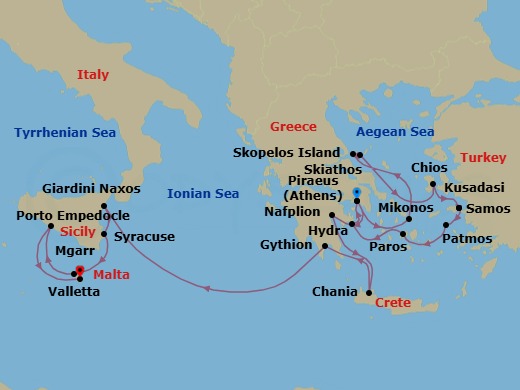 20 Night - Discover Western Mediterranean - Emerald Azzurra - Starting in Athens (Piraeus), Greece, Mykonos, Greece, Skiathos, Greece, Skopelos, Greece, Chios, Greece, Kusadasi, Turkey / Samos Island, Greece, Samos Island, Greece / Patmos, Greece, Patmos, Greece, Paros, Greece, Hydra, Greece, Athens (Piraeus), Greece, Nafplion, Greece, Chania, Crete, Greece, Gythio, Greece, Giardini Naxos (Taormina), Sicily, Italy, Syracuse IT, Sicily, Italy, Mgarr, Gozo, Malta, Porto Empedocle, Sicily, Italy, Valletta, Malta itinerary map