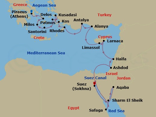 22 Night - Discover Ancient Worlds : the Mediterranean & Red Sea - Emerald Raiya - Starting in Athens (Piraeus), Greece, Delos, Greece / Mykonos, Greece, Milos, Greece, Santorini, Greece, Patmos, Greece, Kusadasi, Turkey, Kos, Greece, Rhodes, Greece, Antalya, Turkey, Alanya, Turkey, Limassol, Cyprus, Larnaca, Cyprus, Haifa, Israel, Ashdod, Israel, Transit through the Suez Canal, Safaga, Egypt, Sharm El-Sheikh, Egypt, Aqaba, Jordan, Ain Sokhna, Egypt itinerary map