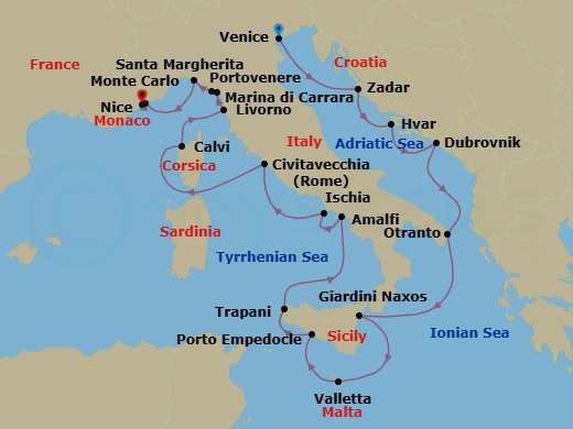 18 Night - Discover Mediterranean Rivieras : Italy, France & Corsica - Emerald Kaia - Starting in Venice, Italy, Zadar, Croatia, Hvar, Croatia, Dubrovnik, Croatia, Otranto, Italy, Giardini Naxos (Taormina), Italy, Valletta, Malta, Porto Empedocle, Italy, Trapani, Italy, Amalfi, Italy, Casamicciola Terme, Ischia, Italy, Civitavecchia (Rome), Italy, Calvi, Corsica, France, Livorno (Florence), Italy, Marina di Carrara, Italy, Porto Venere (Cinque Terre), Italy, Santa Margherita Ligure, Italy / Portofino, Italy, Monte Carlo, Monaco, Nice, France itinerary map