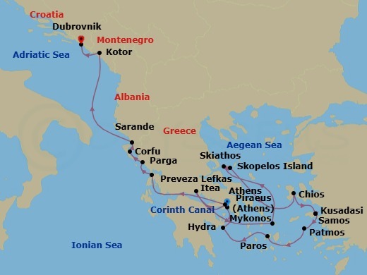17 Night - Discover Ancient Ports & Aegean Gems : Greece to Croatia - Emerald Azzurra - Starting in Athens (Piraeus), Greece, Mykonos, Greece, Skiathos, Greece, Skopelos, Greece, Chios, Greece, Kusadasi, Turkey / Samos Island, Greece, Samos Island, Greece / Patmos, Greece, Patmos, Greece, Paros, Greece, Hydra, Greece, Athens, Greece, Transit through the Corinth Canal / Itea, Greece, Lefkada, Greece, Parga, Greece, Corfu, Greece, Sarande, Albania, Kotor, Montenegro, Dubrovnik, Croatia itinerary map