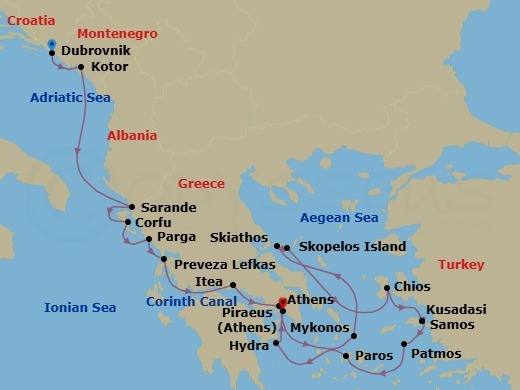 17 Night - Discover Ancient Ports & Aegean Gems : Croatia to Greece - Emerald Azzurra - Starting in Dubrovnik, Croatia, Kotor, Montenegro, Sarande, Albania / Corfu, Greece, Corfu, Greece, Parga, Greece, Lefkada, Greece, Itea, Greece / Transit through the Corinth Canal, Athens, Greece, Mykonos, Greece, Skiathos, Greece, Skopelos, Greece, Chios, Greece, Kusadasi, Turkey / Samos Island, Greece, Samos Island, Greece / Patmos, Greece, Patmos, Greece, Paros, Greece, Hydra, Greece, Athens (Piraeus), Greece itinerary map
