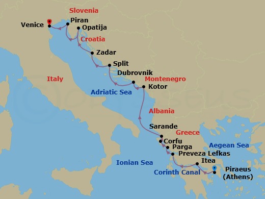 14 Night - Discover the Mediterranean from Athens to Venice - Emerald Kaia - Starting in Athens (Piraeus), Greece, Transit through the Corinth Canal / Itea, Greece, Lefkada, Greece, Parga, Greece, Corfu, Greece, Sarande, Albania, Kotor, Montenegro, Dubrovnik, Croatia, Split, Croatia, Zadar, Croatia, Opatija, Croatia, Piran, Slovenia, Venice, Italy itinerary map
