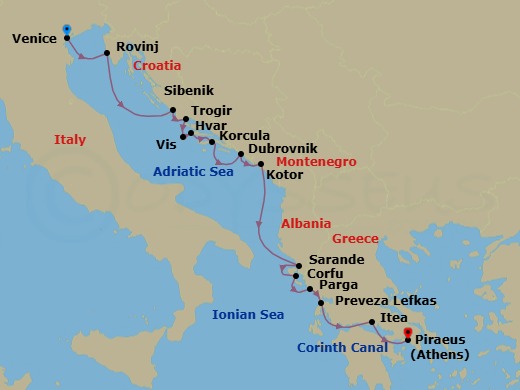 14 Night - Discover the Mediterranean from Venice to Athens - Emerald Sakara - Starting in Venice, Italy, Rovinj, Croatia, Sibenik, Croatia, Trogir, Croatia, Vis, Croatia, Hvar, Croatia, Korcula, Croatia, Dubrovnik, Croatia, Kotor, Montenegro, Sarande, Albania / Corfu, Greece, Corfu, Greece, Parga, Greece, Lefkada, Greece, Itea, Greece / Transit through the Corinth Canal, Athens (Piraeus), Greece itinerary map