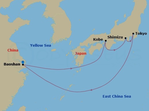 8 Night - Tokyo, Mt Fuji & Kobe Cruise - Spectrum of the Seas - Starting in Shanghai (Baoshan), China, Kobe, Japan, Mount Fuji (Shimizu), Japan, Tokyo, Japan, Shanghai (Baoshan), China itinerary map