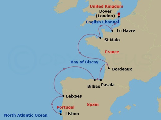 10 Night - Portugal, Spain & France Cruise : Lisbon, Bilbao & Bordeaux - Azamara Journey - Starting in Lisbon, Porto (Leixoes), Bilbao, Pasajes, San Sebastian, Bordeaux, Saint-malo, Le Havre, Dover UK itinerary map
