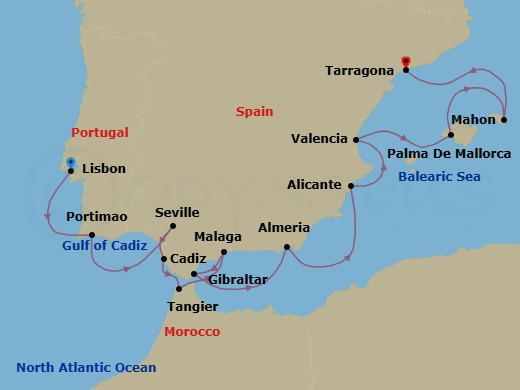 14 Night - Spain Intensive Combination Cruise : Seville, Malaga & Valencia - Azamara Journey - Starting in Lisbon, Portimao, Seville, Cadiz, Tangier, Malaga, Gibraltar, Almeria, Alicante, Valencia, Palma, Majorca, Mahon, Menorca, Barcelona (Tarragona) itinerary map