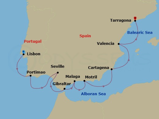 10 Night - Spain Intensive Cruise : Seville, Malaga & Valencia - Azamara Quest - Starting in Lisbon, Portimao, Seville, Gibraltar, Malaga, Granada (Motril), Cartagena ES, Valencia, Barcelona (Tarragona) itinerary map