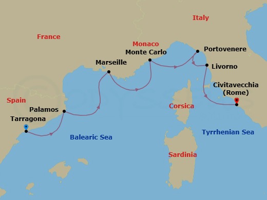 7 Night - Spain, France & Italy Cruise : Palamos, Marseille & Rome - Azamara Journey - Starting in Barcelona (Tarragona), Palamos, Provence (Marseille), Monte Carlo, Porto Venere, Florence / Pisa (Livorno), Rome (Civitavecchia) itinerary map