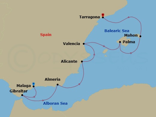 7 Night - Spain Intensive Cruise : Alicante, Valencia & Palma - Azamara Journey - Starting in Malaga, Gibraltar, Almeria, Alicante, Valencia, Palma, Majorca, Mahon, Menorca, Barcelona (Tarragona) itinerary map