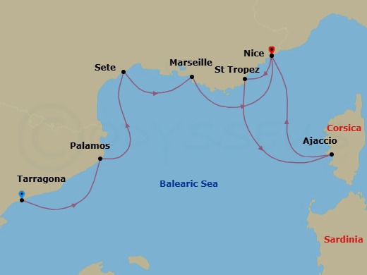 7 Night - France Intensive Cruise : Marseille, Nice & Ajaccio - Azamara Quest - Starting in Barcelona (Tarragona), Palamos, Sete, Provence (Marseille), Nice, St Tropez, Ajaccio, Corsica, Nice itinerary map