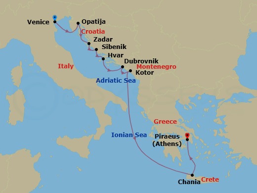 9 Night - Croatia Intensive Cruise : Zadar, Split & Dubrovnik - Azamara Onward - Starting in Venice, Opatija, Zadar, Sibenik, Hvar, Dubrovnik, Croatia, Kotor, Chania, Crete, Athens (Piraeus) itinerary map