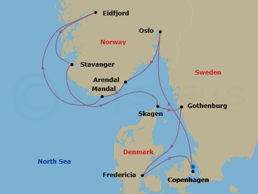 10 Night - Norway, Denmark & Sweden Cruise : Oslo, Gothenburg & Copenhagen - Azamara Quest - Starting in Copenhagen, Oslo, Arendal, Mandal, Eidfjord, Stavanger, Skagen, Gothenburg, Fredericia, Copenhagen itinerary map