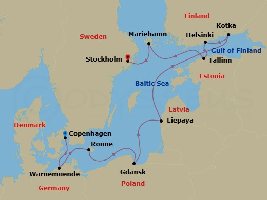 11 Night - Northern Europe & Baltic Cruise : Gdansk, Helsinki & Stockholm - Azamara Quest - Starting in Copenhagen, Berlin (Warnemunde), Ronne, Bornholm, Gdansk, Liepaja, Kotka, Helsinki, Tallinn, Mariehamn, Aland Islands, Stockholm itinerary map