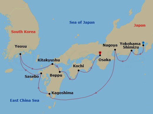 12 Night - Japan Intensive Cruise : Tokyo, Kagoshima & Osaka - Azamara Pursuit - Starting in Tokyo (Yokohama), Mount Fuji (Shimizu), Nagoya, Kagoshima, Sasebo, Yeosu, Kitakyushu, Beppu, Kochi, Osaka itinerary map