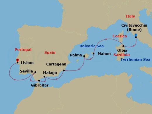 10 Night - Spain Intensive Cruise : Palma, Malaga & Seville - Azamara Quest - Starting in Rome (Civitavecchia), Olbia, Sardinia, Mahon, Menorca, Palma, Majorca, Cartagena ES, Malaga, Gibraltar, Seville, Lisbon itinerary map