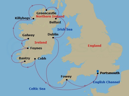 12 Night - Ireland Intensive Cruise : Galway, Belfast & Dublin - Azamara Quest - Starting in Portsmouth UK, Fowey, Cork (Cobh), Bantry Harbour, Foynes, Galway, Donegal (Killybegs), Greencastle, Northern Ireland, Belfast, Northern Ireland, Dublin (Dun Laoghaire), Portsmouth UK itinerary map