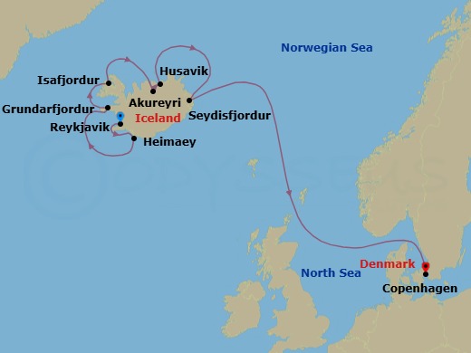 10 Night - Iceland Intensive : Reykjavik, Akureyri & Seydisfjordur - Azamara Quest - Starting in Reykjavik, Heimaey, Grundarfjordur, Isafjordur, Akureyri, Husavik, Seydisfjordur, Copenhagen itinerary map