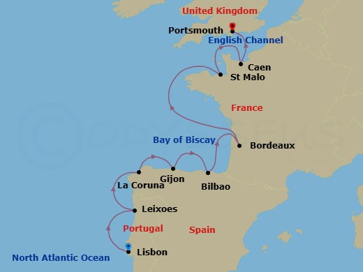 11 Night - Portugal, Spain & France Cruise : Lisbon, Bilbao & Bordeaux - Azamara Quest - Starting in Lisbon, Porto (Leixoes), La Coruna, Gijon, Spain, Bilbao, Bordeaux, Saint-malo, Caen, Portsmouth UK itinerary map