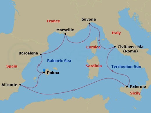 8 Night - Western Mediterranean Roundtrip from Palma De Mallorca - Costa Toscana - Starting in Palma De Mallorca, Alicante, Palermo, Civitavecchia (Rome), Savona, Marseille, Barcelona, Palma De Mallorca itinerary map