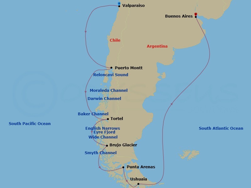 22 Night - Juan Fernandez Islands, Chilea - Tour N03 - Seabourn Pursuit Tours - Starting in Valparaiso (Santiago), Chile, Juan Fernandez, Scenic Cruising Reloncavi Sound, Puerto Montt, Chile, Scenic cruising Moraleda Channel, Scenic cruising Darwin Channel, Scenic cruising Baker Channel, Caleta Tortel, Chile, Transit the English Narrows, Scenic cruising Eyre Fjord, Pio XI Glacier (Bruggen Glacier), Chile, Scenic cruising Wide Channel, Scenic cruising Peel Fjord, Brujo Glacier, Chile, Scenic cruising Smyth Channel, Strait of Magellan, Punta Arenas, Chile, Antarctica, Ushuaia, Argentina, Buenos Aires itinerary map