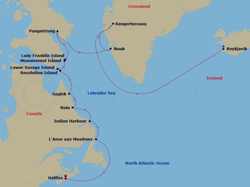 15 Night - Wild Labrador Coast : Missions, - Tour R16 - Seabourn Venture Tours - Starting in Reykjavik, Iceland, Kangerlussuaq, Greenland, Nuuk (Godthab), Greenland, Pangnirtung, Nunavut, Canada, Lady Franklin Island, Nunavut, Canada, Monumental Island, Nunavut, Canada, Lower Savage Islands, Nunavut, Canada, Resolution Island, Nunavut, Canada, Eclipse Channel, Labrador, Canada, Nachvak Fiord, Torngat Mts, Labrador, Canada, Saglek Fjord, Labrador, Canada, Nain, Labrador, Canada, Indian Harbour, Labrador, Canada, L Anse aux Meadows, Newfoundland, Canada, Halifax, Nova Scotia, Canada itinerary map